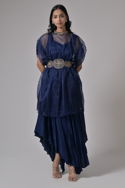 Organza Navy Blue Embroidered Gown with  Baloon Style Top 